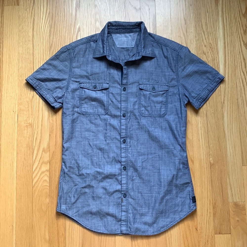 CALVIN KLEIN JEANS men’s short sleeve button down shirt blue Slim fit top